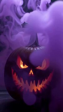 halloween jack o lantern, Halloween pumpkin in purple smoke, halloween background