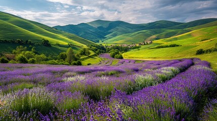 Scenic lavender field in Provence France with mountains, green hills, and a peaceful rural countryside under a blue sky