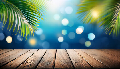 Wood Surface With Palm Leaves And Bokeh Lights On Blue Background