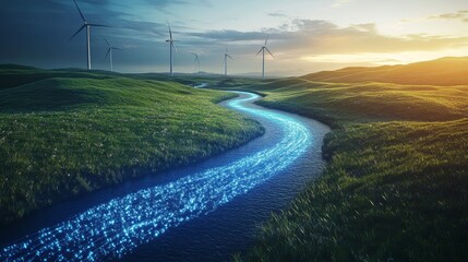 Fototapeta premium Scenic wind farm and meandering river at sunset with renewable energy focus