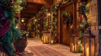 Fototapeta premium Christmas house glowing with festive lights in magical fairytale winter