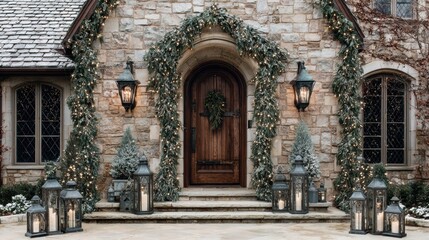 Fototapeta premium Christmas house glowing with festive lights in magical fairytale winter