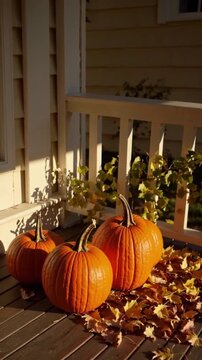 pumpkins and autumn leaves on the front porch