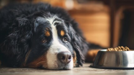 Bernese mountain dog resting by food bowl indoors with sad eyes