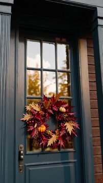 Autumn wreath on the front door, fall decoration
