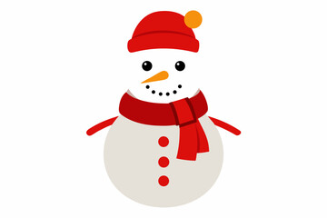 Cute Snowman Illustration with Red Hat and Scarf on White on white background