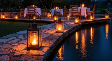 Illuminated lanterns line a stone walkway beside water with dining tables on a deck in the background