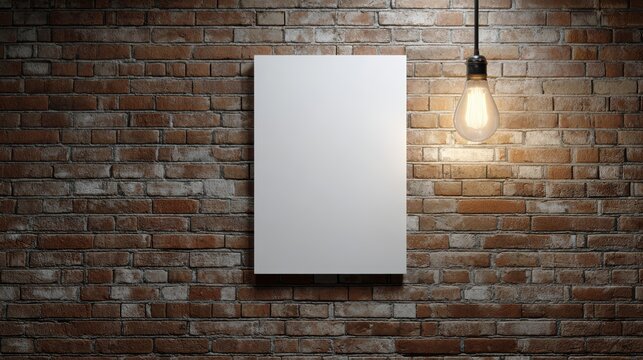 Blank canvas on brick wall illuminated by vintage light bulb in industrial setting