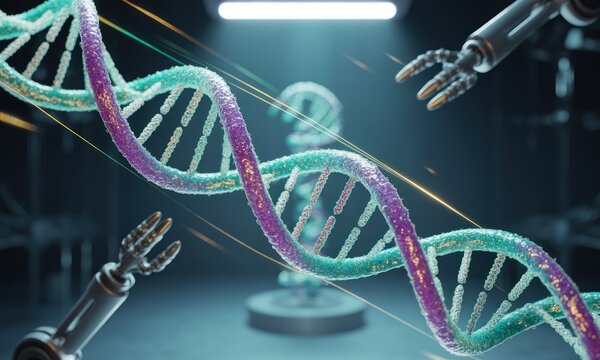 DNA helix manipulated by robotic arms in a futuristic lab