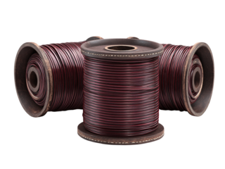 Vintage wooden spools brimming with rich, dark red insulated wire, evoking industrial heritage and electrical manufacturing innovation for your next project.