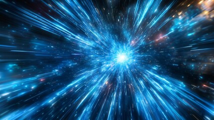 Dynamic blue light burst with radiating energy streaks in space