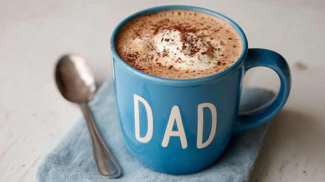 Blue mug with whipped cream hot chocolate and spoon on napkin