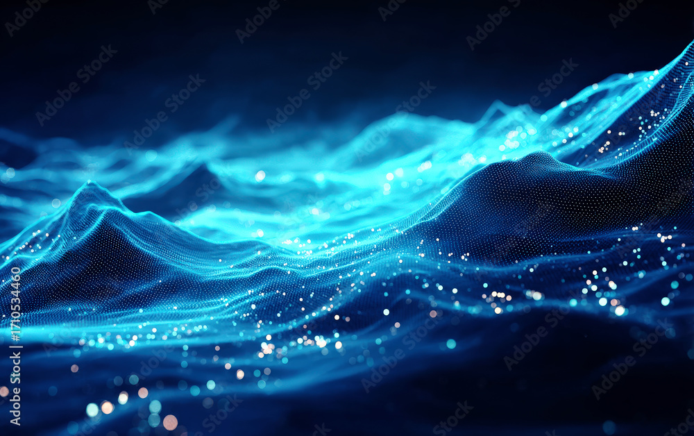 Poster blue abstract wave pattern with digital particles