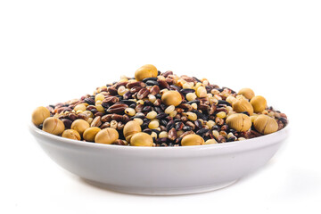 Assorted Legumes and Beans Mix with Soybeans Black Beans Peanuts in White Bowl