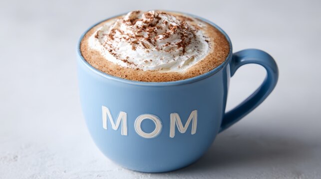 Blue mug with whipped cream coffee and chocolate sprinkles for mother's day - Powered by Adobe