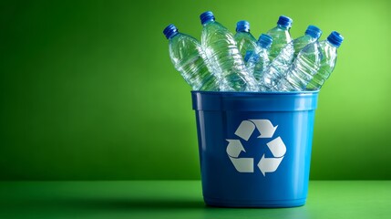 Blue recycling bin filled with plastic bottles on green background
