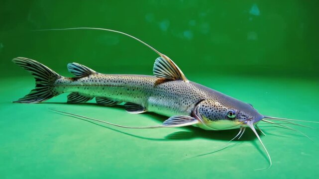 Striped Raphael Catfish Swimming on Green Background