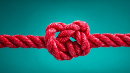Red rope heart knot on turquoise background symbolizing love and connection