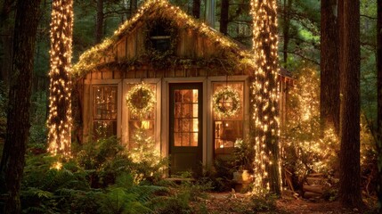 Enchanted cottage decorated for Christmas glowing in snowy festive scene..