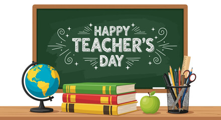Happy Teacher s Day Chalkboard Books Globe Apple School Supplies