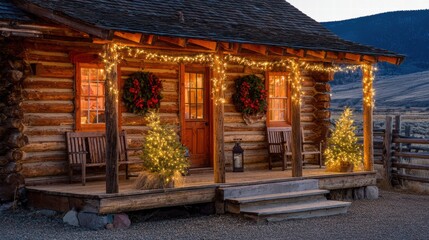 Obraz premium Enchanted cottage decorated for Christmas glowing in snowy festive scene..