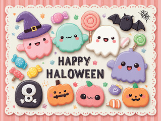パステルカラーのハロウィンイラストレーション - 可愛いゴーストクッキー