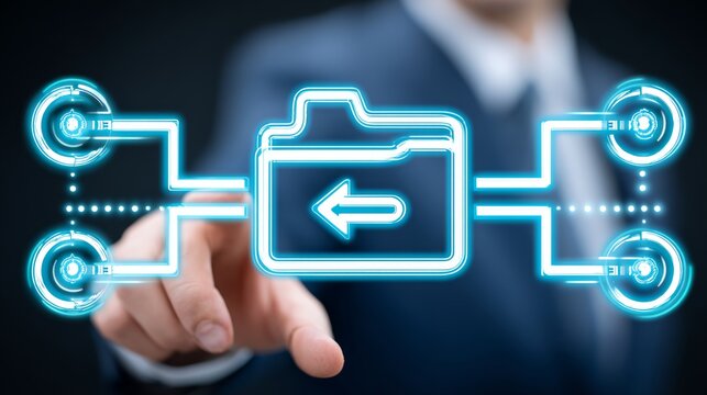 Businessman accessing digital file network with futuristic interface - Powered by Adobe