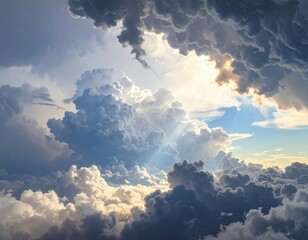 Naklejka premium A vast expanse of cumulus clouds fills the sky, showcasing a dramatic interplay of light and shadow, with sun rays piercing through the dense clouds.