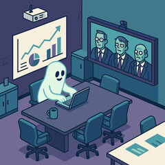 Funny illustration of a ghost working on a laptop in an office cubicle while having a video call with a zombie, symbolizing workplace humor, remote work, and Halloween-themed business stress.