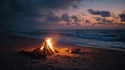 Serene beach bonfire at dusk with ocean waves and dramatic sky