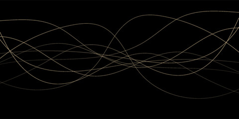 Vector abstract art with gold, wave line pattern, light shiny, texture on dark, black color background. modern graphic design for wallpaper, banner. Futuristic technology concept