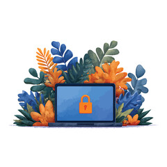青い画面のラップトップと植物のベクターイラスト