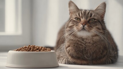 Relaxed tabby cat enjoying sunlight near full bowl of dry food