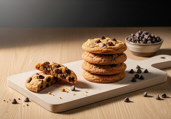 A tempting stack of fresh-baked chocolate chip cookies on a wooden cutting board