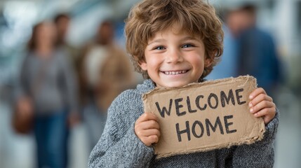 Happy caucasian male child holding welcome home sign with family in background