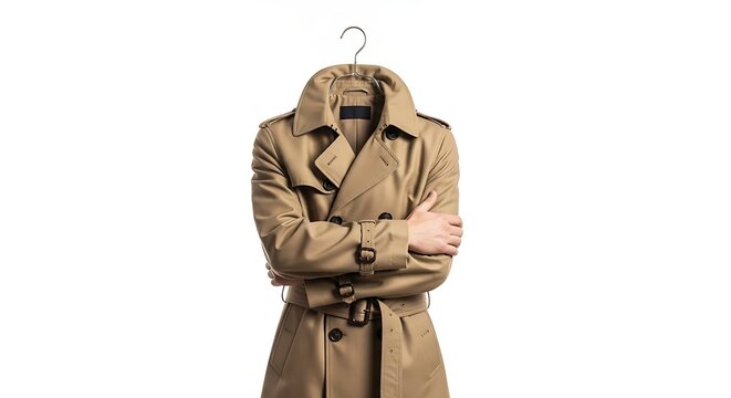 Invisible model wearing a classic beige trench coat with a belt and arms crossed. A stylish fashion mockup for outerwear. Isolated on white.