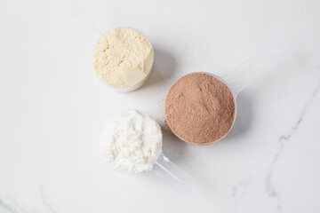 Fototapeta premium Various protein powders in scoops on gray background for fitness and nutrition. 