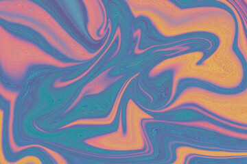 Abstract marbled texture with swirling colors of pink, blue, and orange with a grainy effect