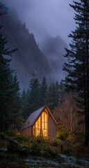 Misty mountain cabin nestled in a tranquil forest