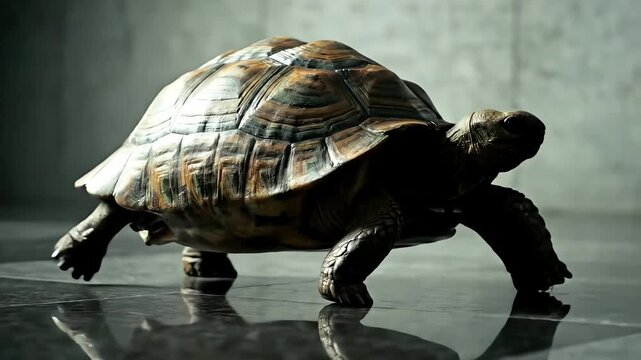 Tortoise Walking On Stone Floor With Dramatic Lighting