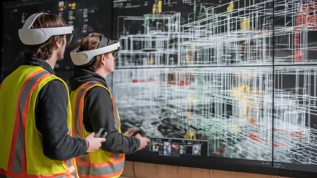 Two people use AR headsets to view a digital model of a building, wearing safety vests