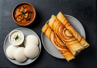 A top-down view of classic South Indian breakfast dishes including dosa and idli