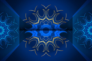 Abstract ornamental blue golden mandala with mirrored floral patterns and symmetrical style