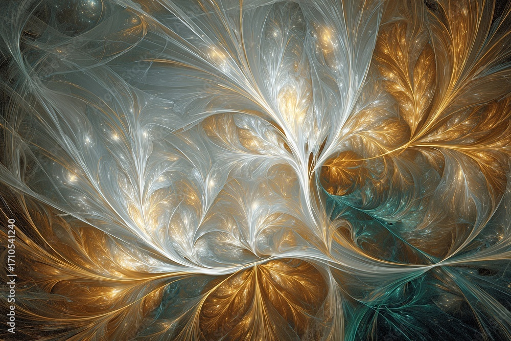 Poster colorful abstract fractal design showcasing intricate patterns and glowing elements in shades of gol