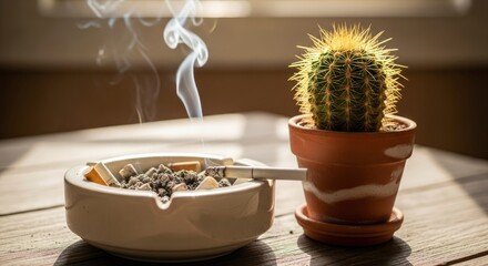 Smoking cigarette in ash tray beside potted cactus on wooden surface