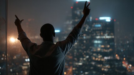 Young african adult celebrating success overlooking cityscape at night