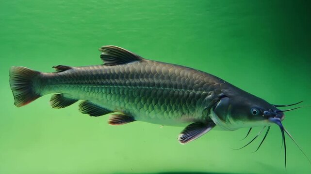 isolated catfish Swimming in Green Water Tank
