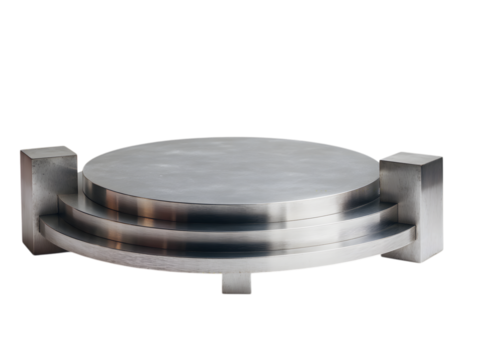 Polished metal circular object with support legs and handles