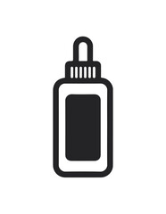 A simple black icon of a glue bottle with an applicator top, representing adhesive, craft, and office supplies.