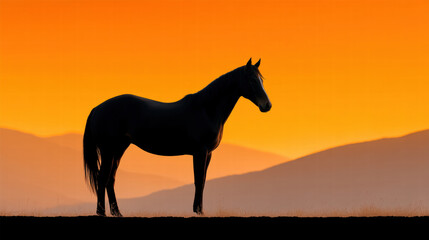 Naklejka premium Poetic horse stands gracefully in landscape with warm orange sunset sky and distant mountains creating serene atmosphere